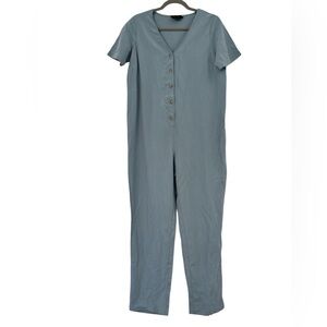 Hatch Noelle Linen Blend Short-Sleeve V-Neck Button-Front Jumpsuit Slate Blue S